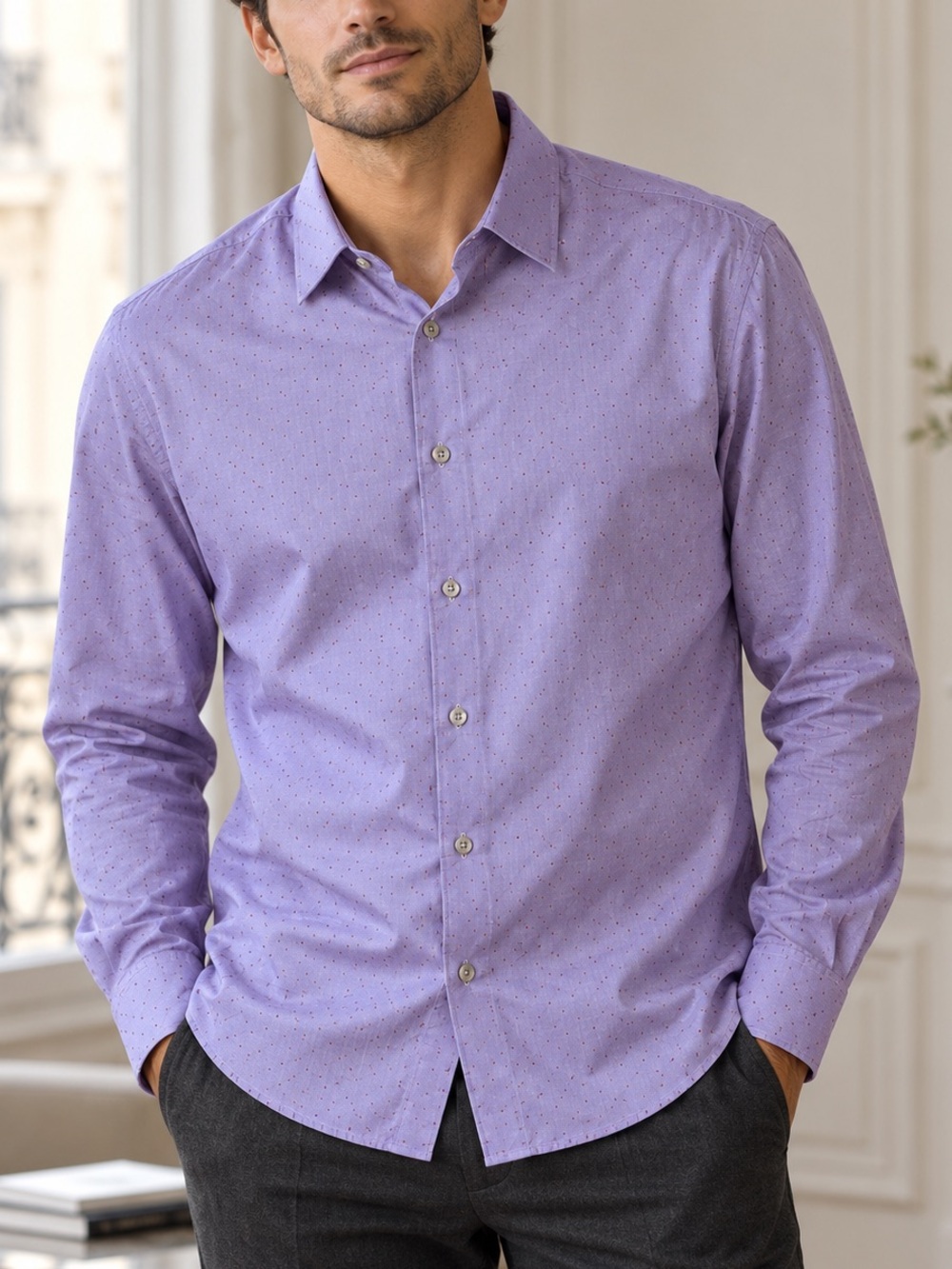 Theory Stephan Feldspar Shirt Mens XL Lavender Micro Dot Stretch Button Front